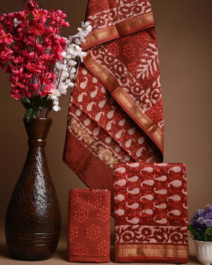 Maheshwari Silk Hand Block Printed Dress Material