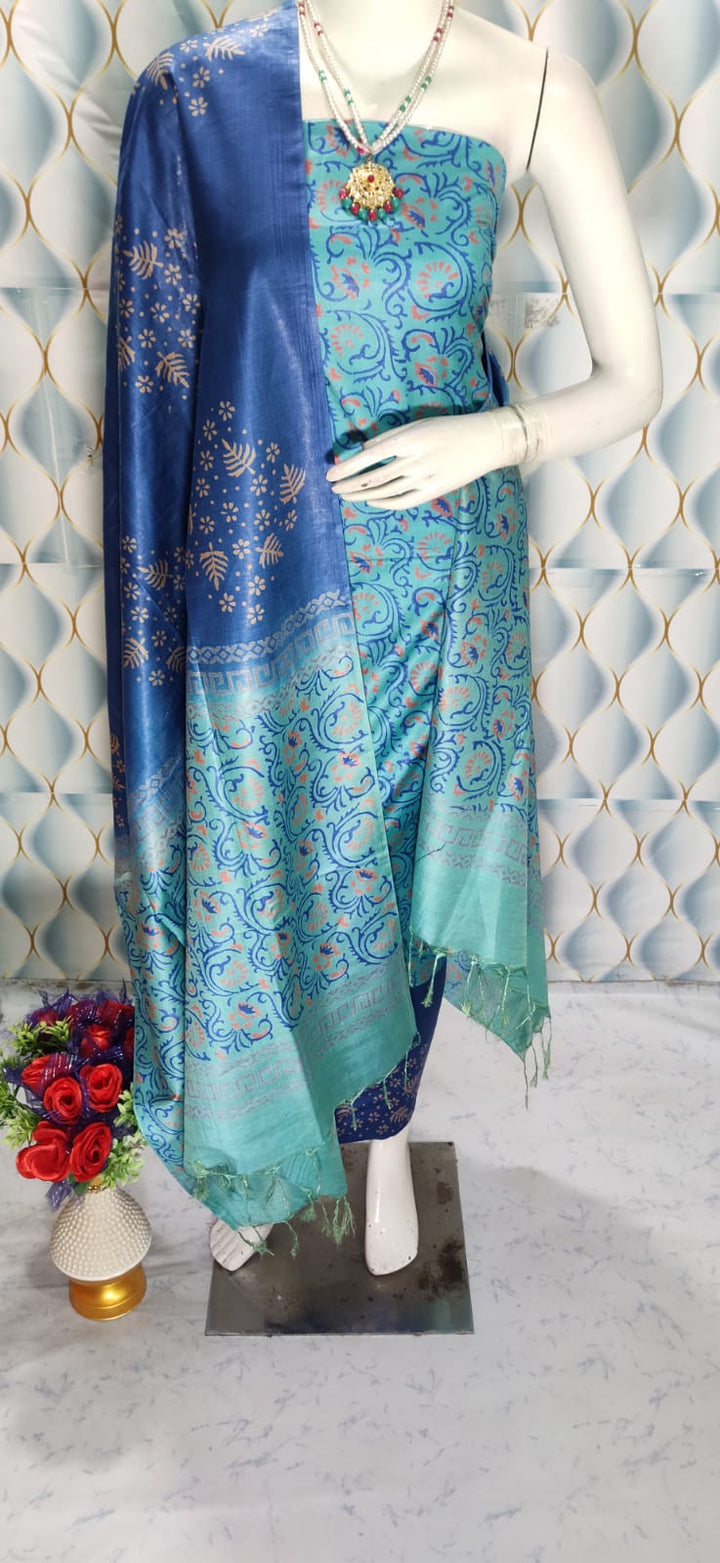 Katan Staple Hand Printed Silk Dress Material