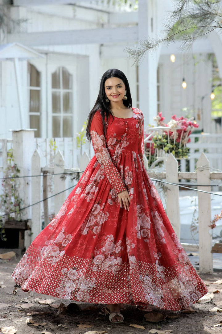Georgette Digital Printed And Sequence Embroidery Work Gown