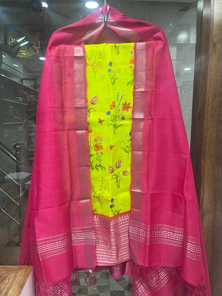 Mangalagiri Silk / Cotton Dress Material With Digital Printed Dupatta Without Bottom