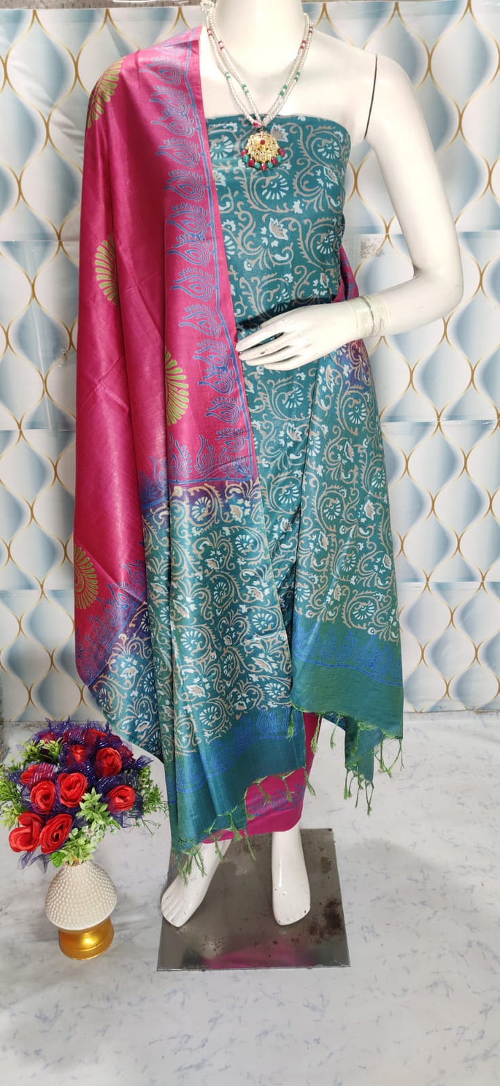 Katan Silk Block Printed Dress Material