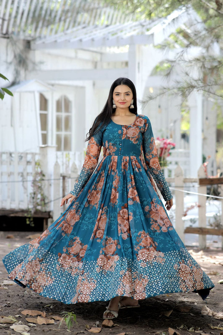 Georgette Digital Printed And Sequence Embroidery Work Gown