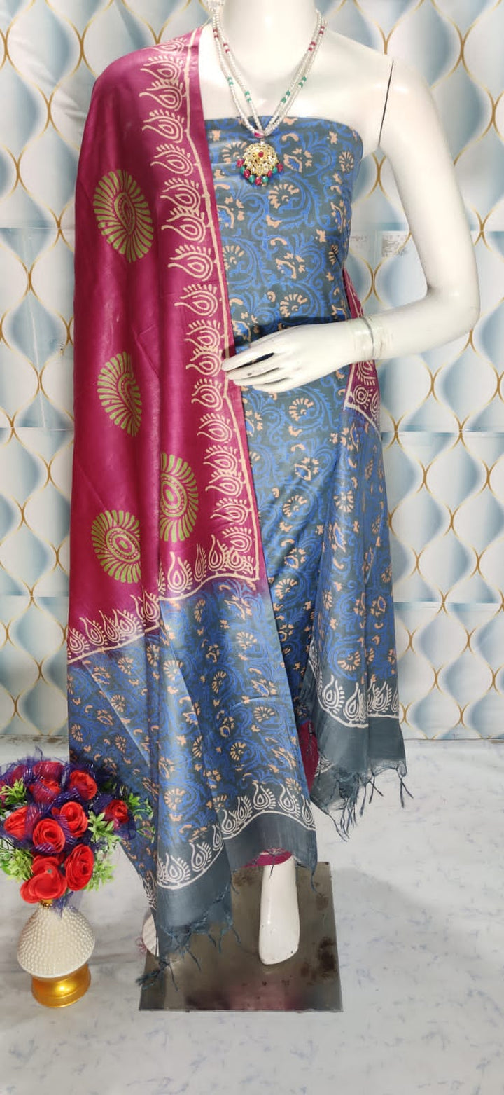 Katan Silk Block Printed Dress Material