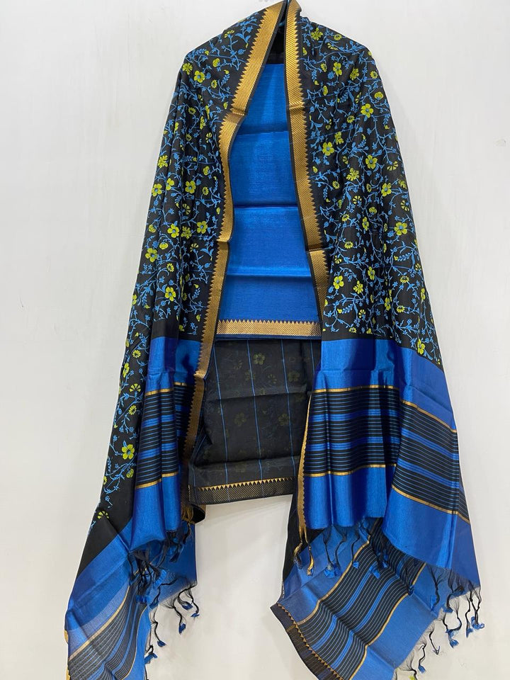 Mangalagiri Silk / Cotton Dress Material With Printed Dupatta Without Bottom