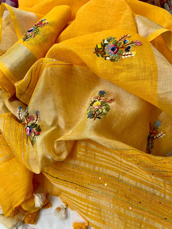 Linen Embroidery Work Saree