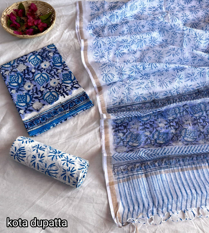 Hand Block Printed Cotton Dress Material With Kota Doria Dupatta