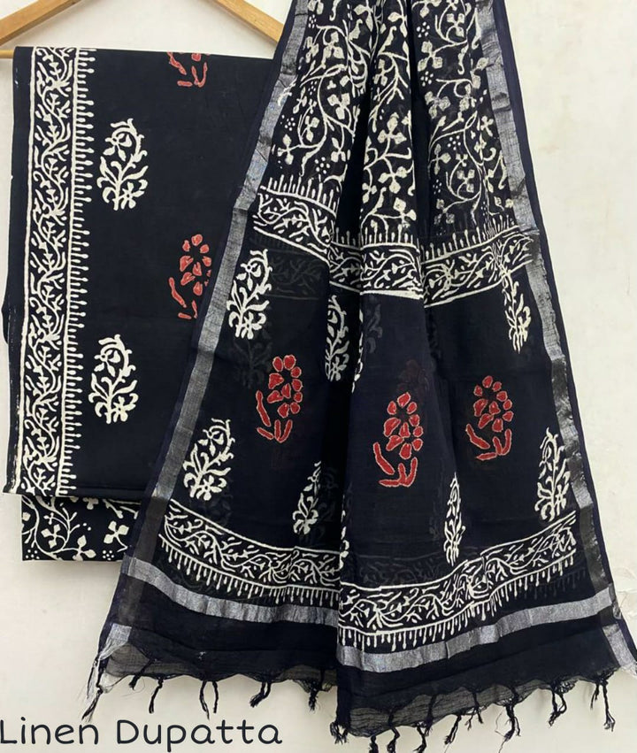 Hand Block Printed Cotton Dress Material With Linen Dupatta