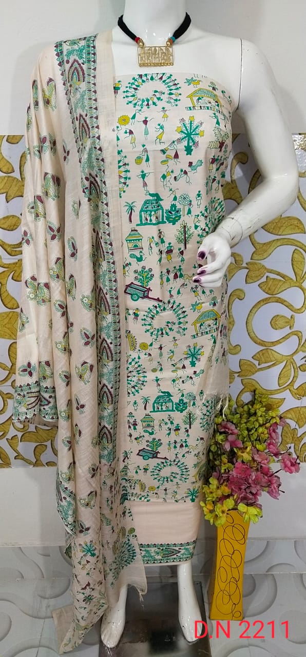Katan Slub Silk Madhubani Printed Dress Material