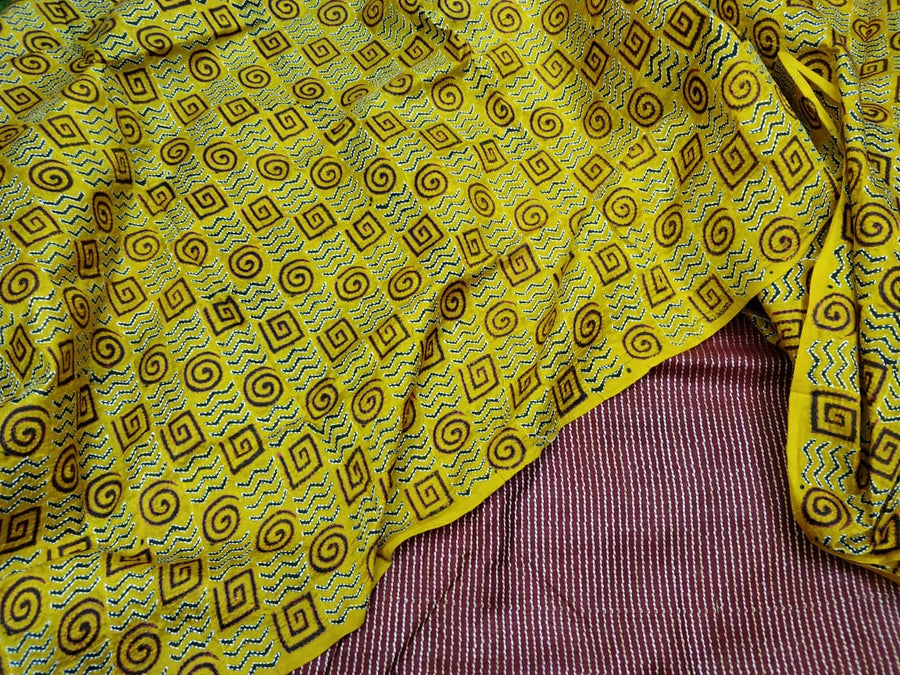 Bengal Silk Dress Material With Silk Kantha Work Block Printed Dupatta Without Bottom