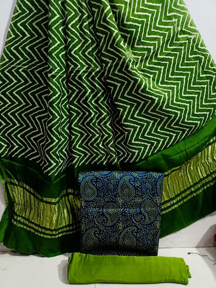 Ajrakh Handblock Printed Modal Silk Dress Material Without Bottom