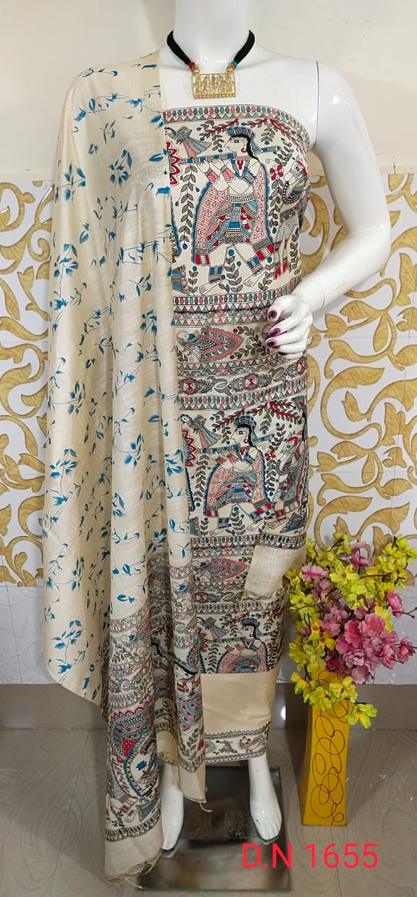 Katan Silk Madhubani Printed Dress Material