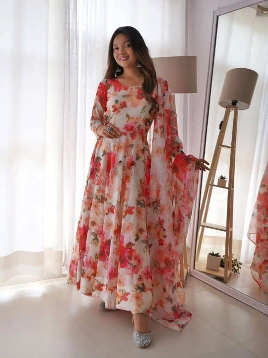 Georgette Floral Printed Gown With Dupatta