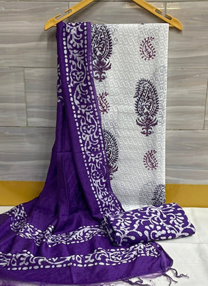 Lucknow Chikankari Work Cotton Dress Material With Batik Printed Silk Dupatta