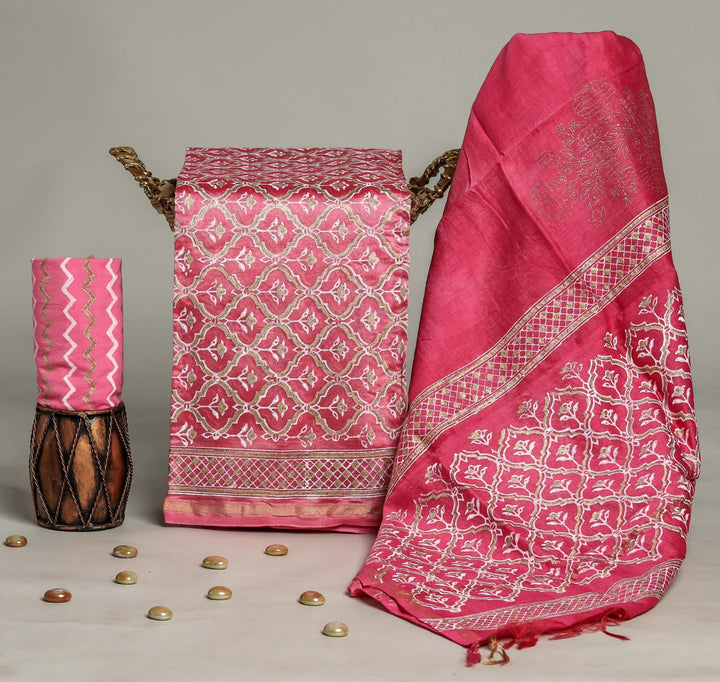 Hand Block Printed Chanderi Silk / Cotton Dress Material