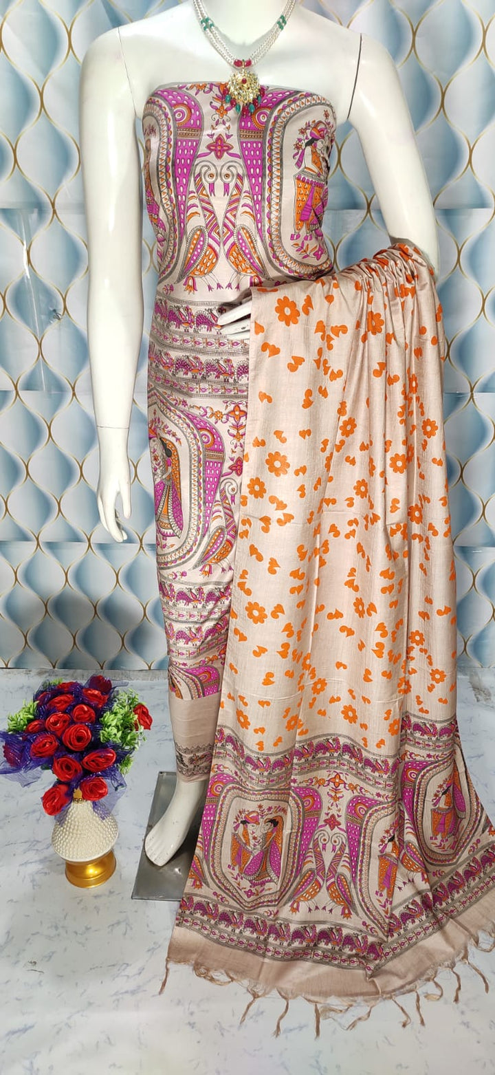Katan Staple Silk Madhubani Printed Dress Material