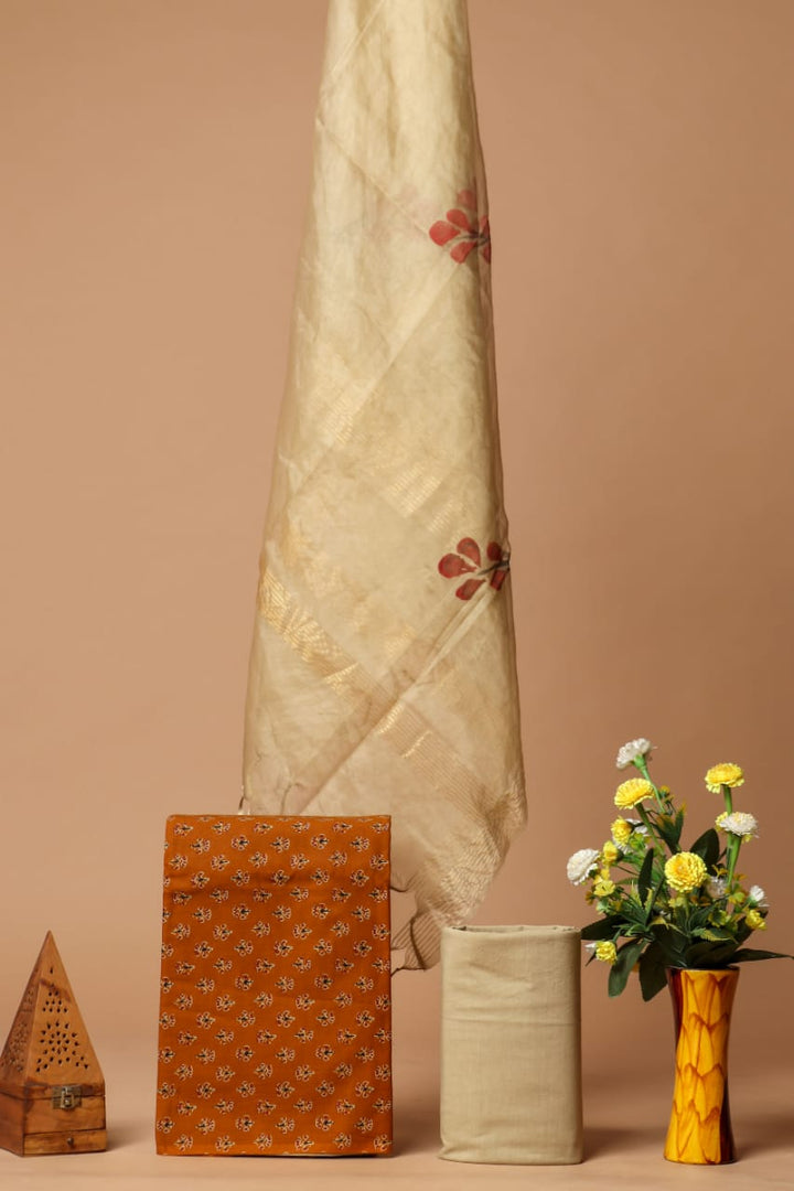 Hand Block Printed Cotton Dress Material With Organza Dupatta